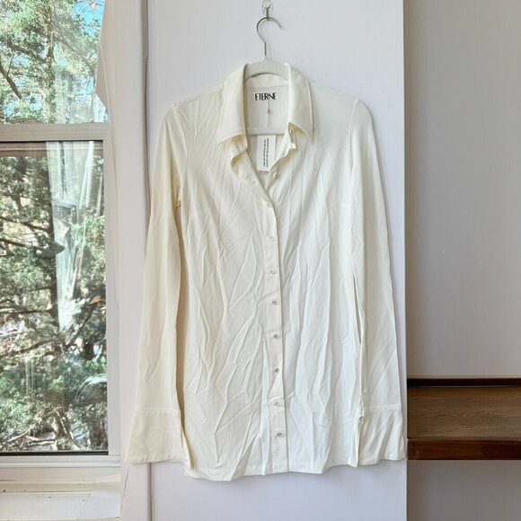 NWT Eterne Sloane Mini Jersey Shirt Dress Long Sleeve Matte Jersey Cream Small - Picture 1 of 8